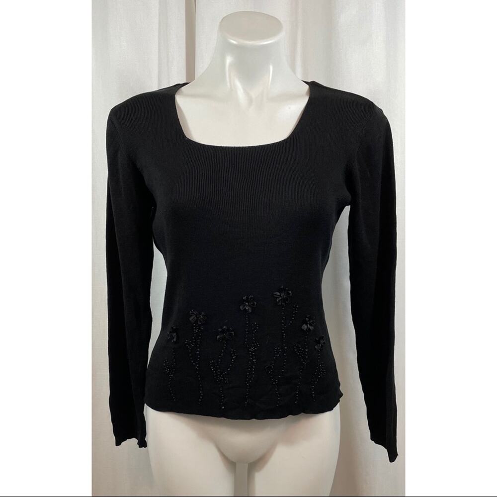 Clio Silk Sweater Ribbed Embroidered Floral Black Petites Top Long Sleev